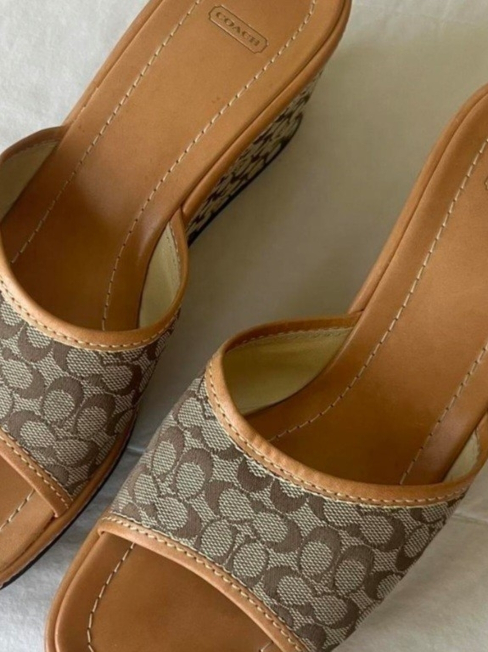 Coach Tan & Beige Signature Wedge Slide Mules